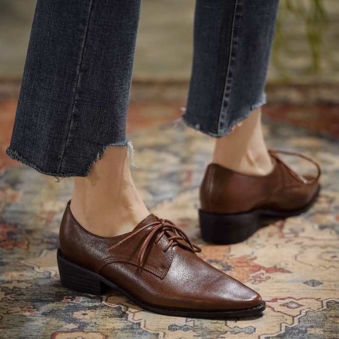Oxford Lace Up Women - LIHUAMAO 牛革製 レディースシューズ カジュアル ブロックヒール スクエアヒール