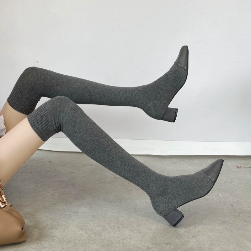 Sock Boot Women - ハイニーソックスシューズ 2025年 春秋新作 シングルブーツ 薄手ニット ポインテッドトゥ