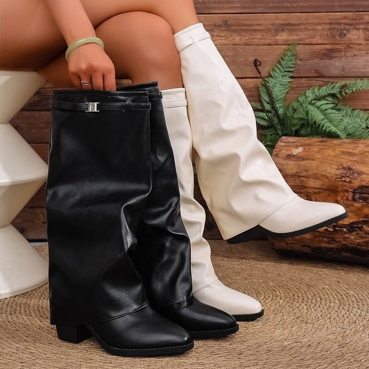 Sock Boot Women - 鋭い先端のヨーロッパとアメリカのハイレッグパンツブーツ 秋と冬のプリーツ厚いヒールスリーブハイヒールファッションブーツ