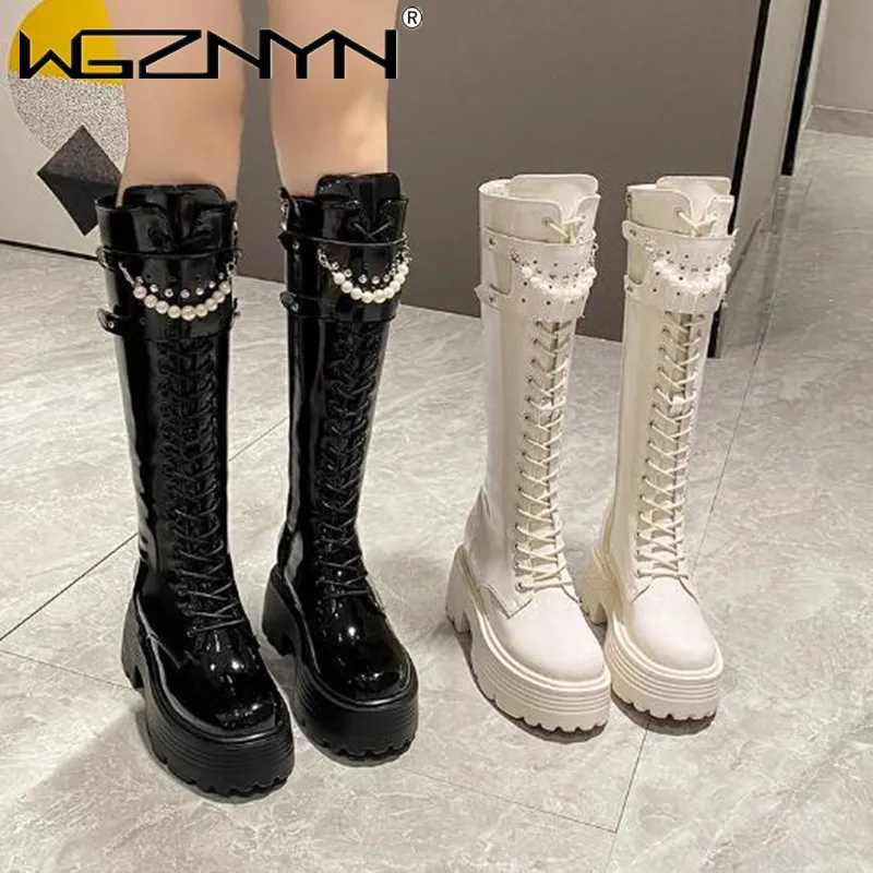 女性用レザーニーハイブーツ,暖かいぬいぐるみ,パールプラット - Knee High Boots Women のレビューと価格
