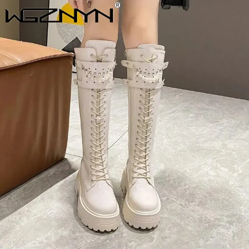 女性用レザーニーハイブーツ,暖かいぬいぐるみ,パールプラット - Knee High Boots Women のレビューと価格