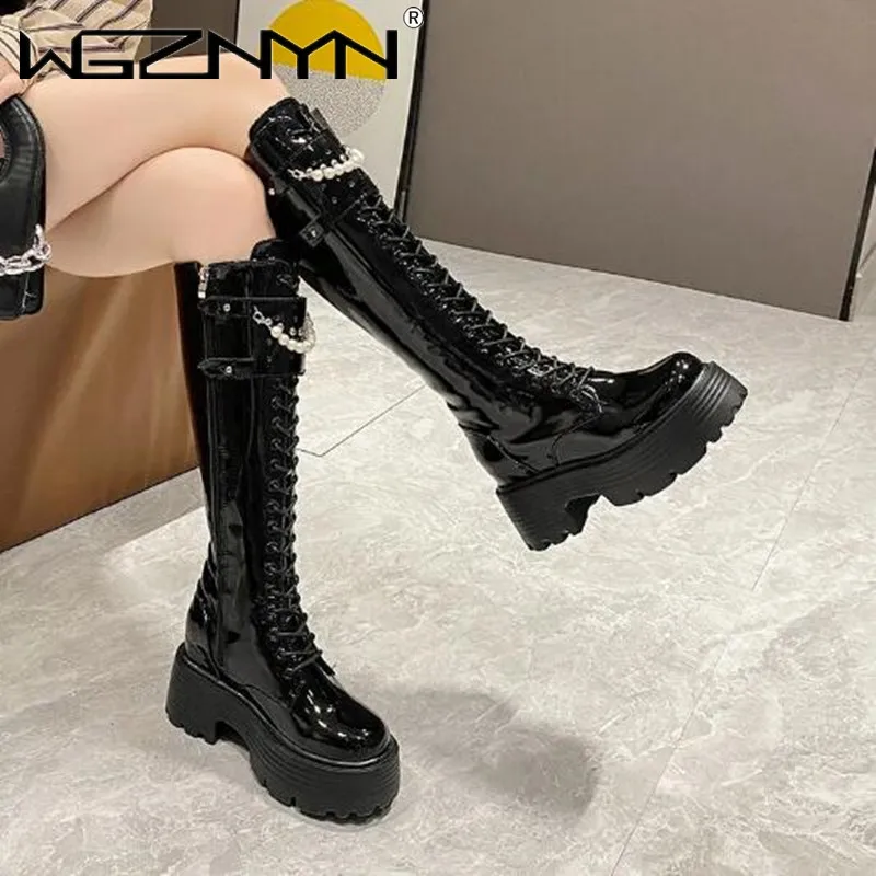 女性用レザーニーハイブーツ,暖かいぬいぐるみ,パールプラット - Knee High Boots Women のレビューと価格