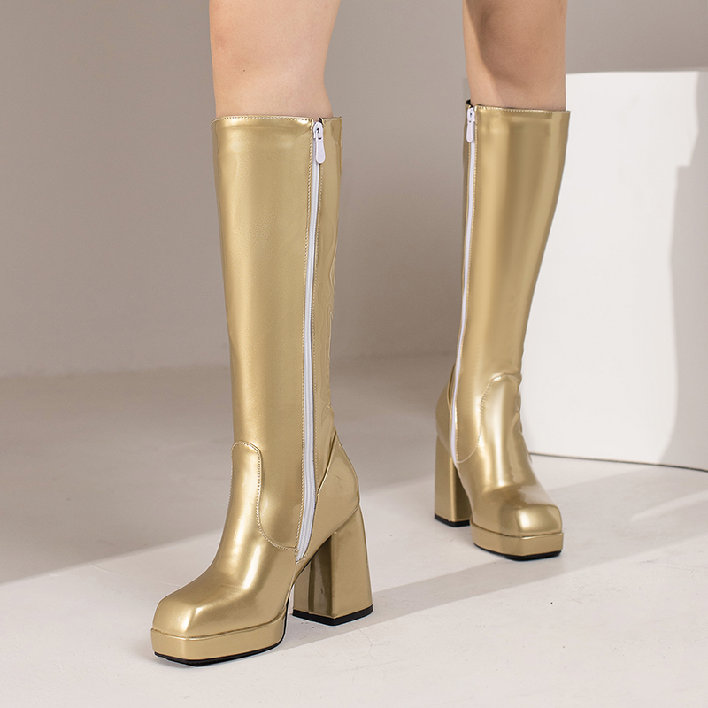 女性用パテントレザーニーハイブーツ,ヒールブロック,スクエア - Knee High Boots Women のレビューと価格