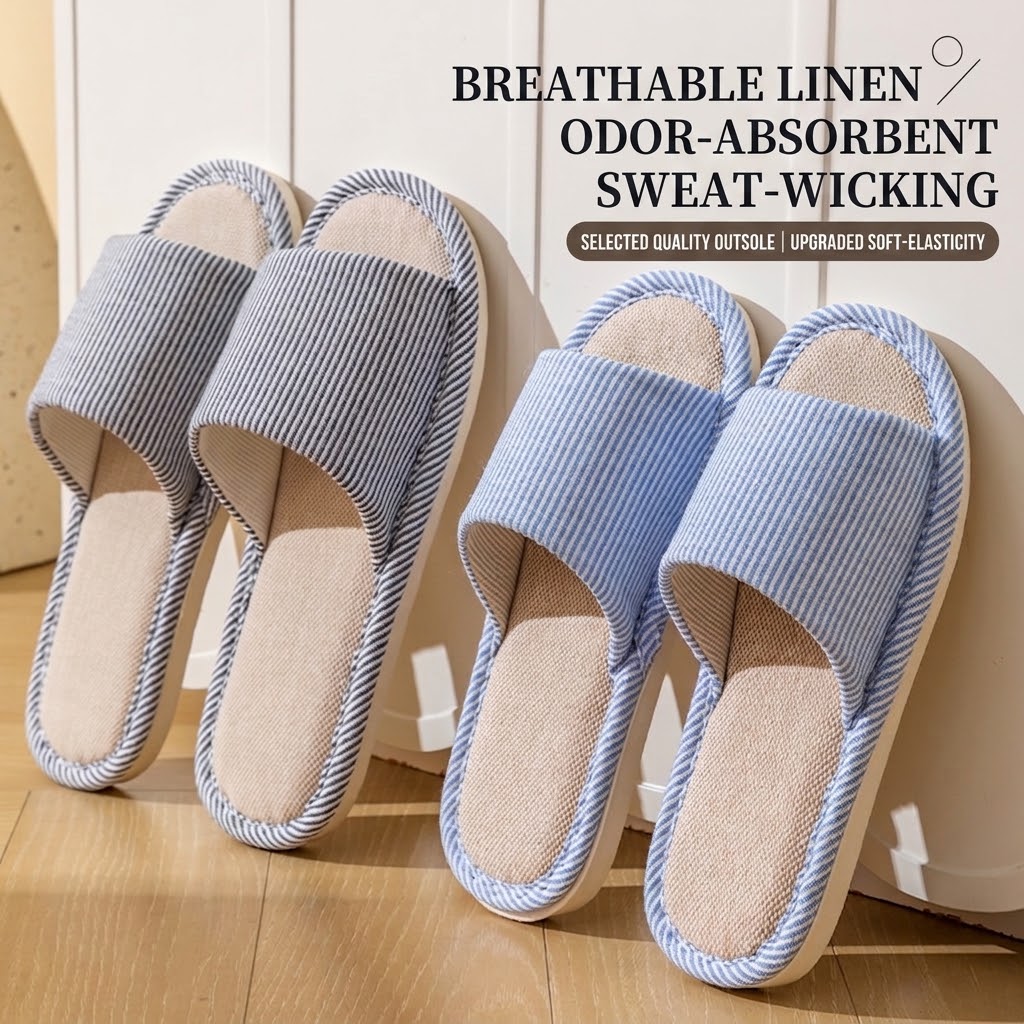 通気性のあるリネン製スリッパ 男女兼用 ストライプ柄 オープ - Mule Slip On のレビューと価格
